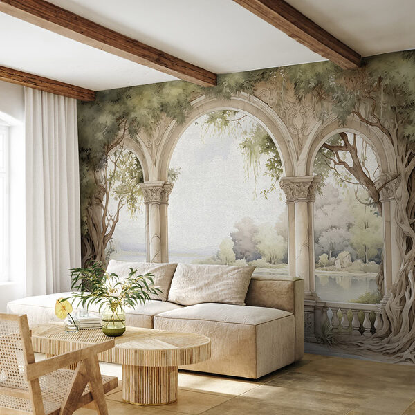 Acquerello di un arco in pietra con alberi e un lago Carta da parati Acquerello di un arco in pietra con alberi e un lago