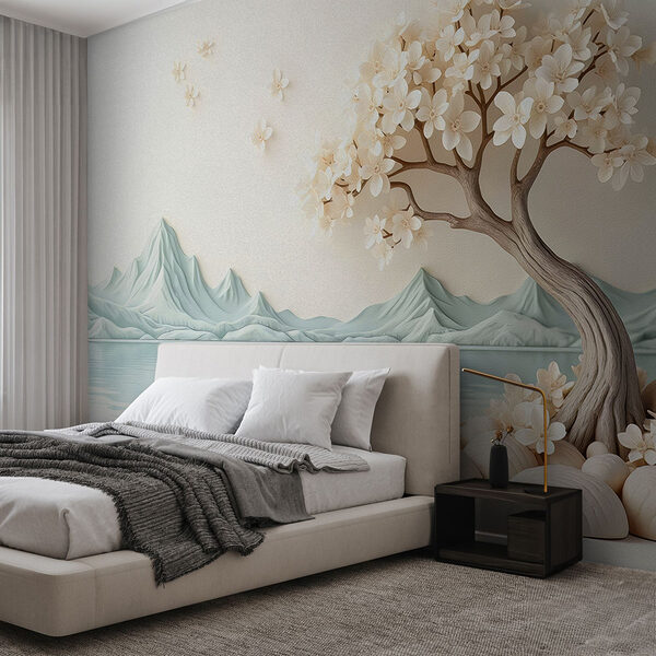 Albero con fiori e rocce vicino all'acqua Carta da parati Albero con fiori e rocce vicino all'acqua