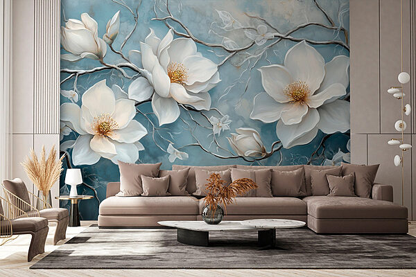 Pittura di fiori bianchi su sfondo blu Carta da parati Pittura di fiori bianchi su sfondo blu