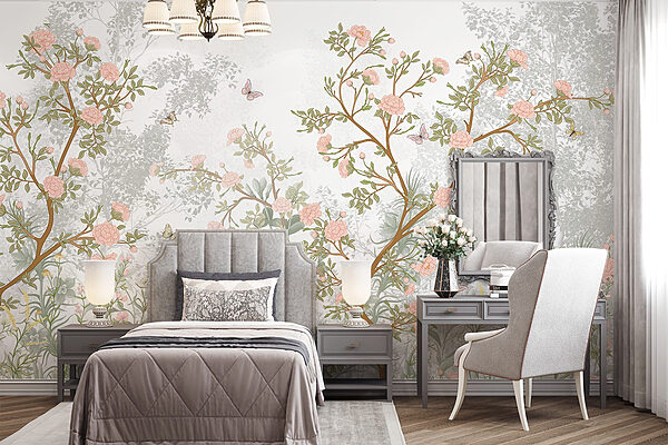 Pittura di un albero con fiori e farfalle Carta da parati Pittura di un albero con fiori e farfalle