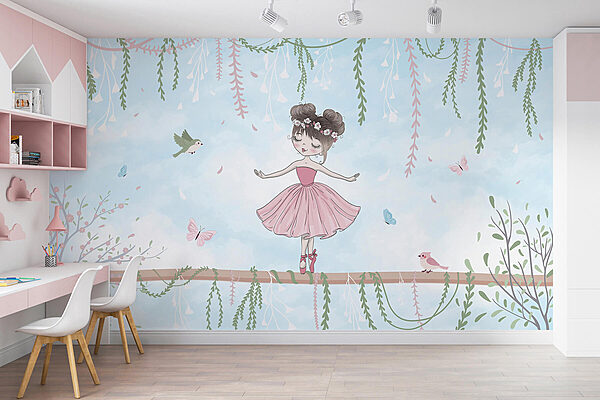 Carta da parati murale Ragazza in abito rosa su un ramo (COD: w03003) Carta da parati murale Carta da parati murale Ragazza in abito rosa su un ramo (COD: w03003)