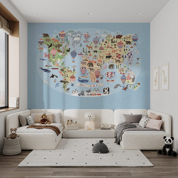 Mappa del mondo con animali Carta da parati Mappa del mondo con animali