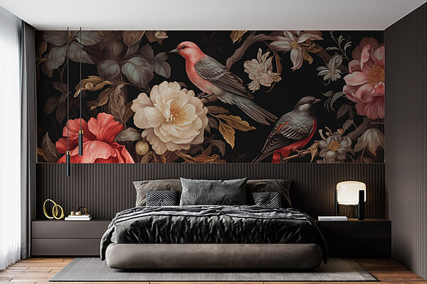 Pittura di uccelli su fiori Carta da parati Pittura di uccelli su fiori