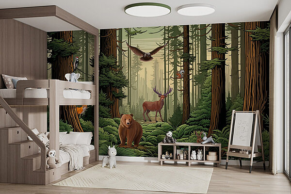 Foresta con animali e uccelli Carta da parati Foresta con animali e uccelli