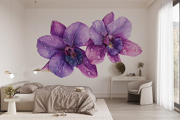 Fiori viola con gocce d'acqua Carta da parati Fiori viola con gocce d'acqua