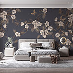 Carta da parati Fiori e foglie bianche su sfondo grigio