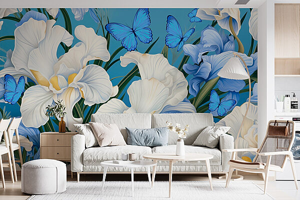 Eleganza floreale con farfalle vivaci Carta da parati Eleganza floreale con farfalle vivaci