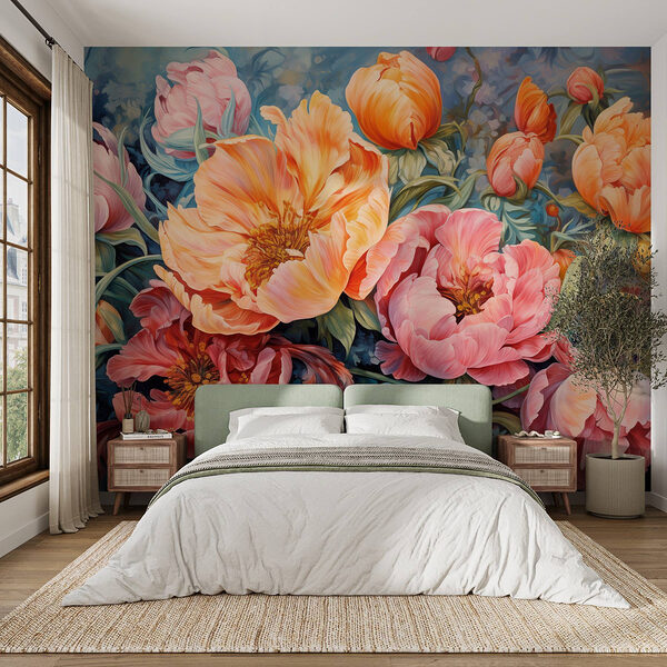 Pittura di fiori su sfondo blu Carta da parati Pittura di fiori su sfondo blu