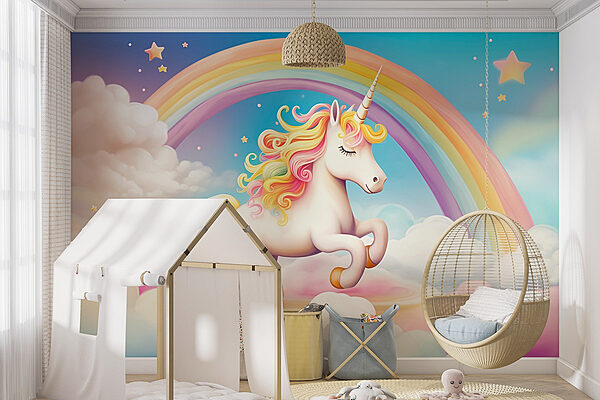 Unicorno con arcobaleno e nuvole Carta da parati Unicorno con arcobaleno e nuvole