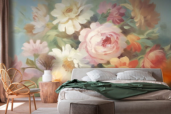 Pittura di fiori su sfondo blu Carta da parati Pittura di fiori su sfondo blu