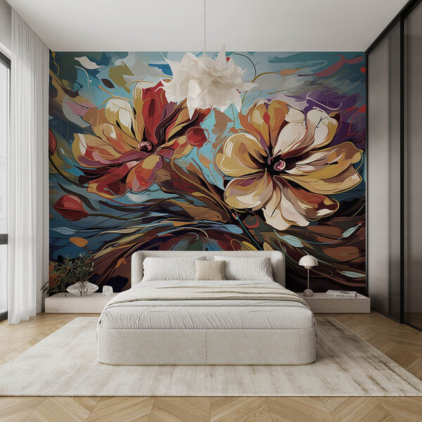 Pittura di fiori su sfondo blu Carta da parati Pittura di fiori su sfondo blu