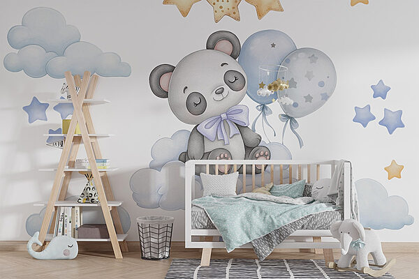 Wall murals Cartoon panda sitting on a cloud with balloons Carta da parati Wall murals Cartoon panda sitting on a cloud with balloons