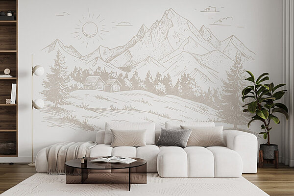 Disegno di un paesaggio con montagne e alberi Carta da parati Disegno di un paesaggio con montagne e alberi