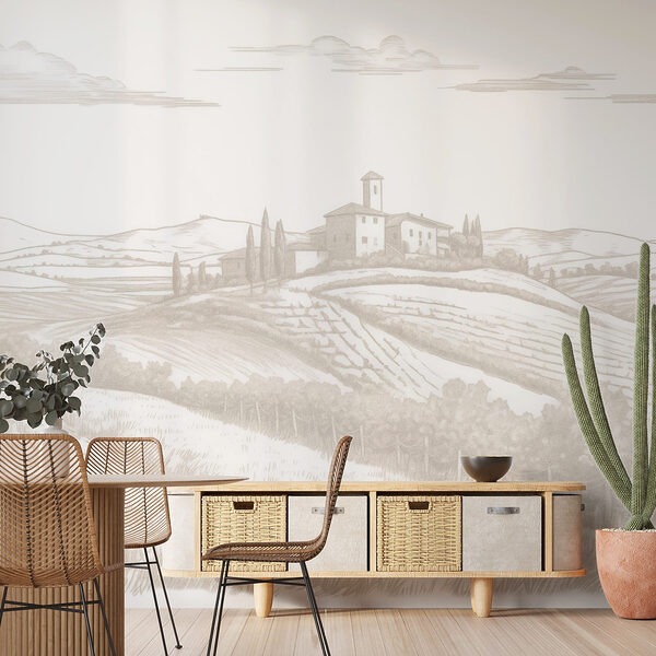 Paesaggio con casa e campi Carta da parati murale Paesaggio con casa e campi