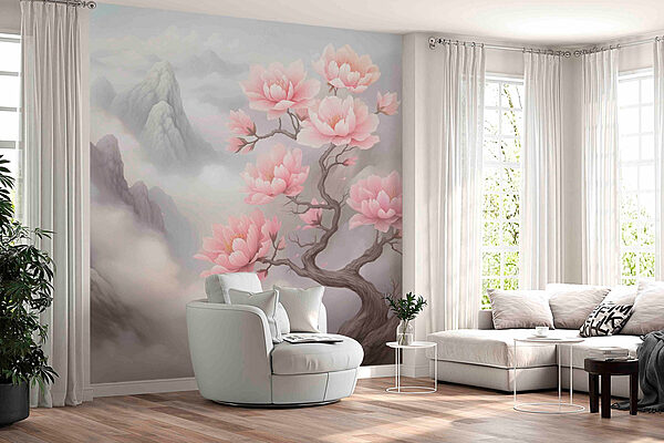 Albero con fiori rosa Carta da parati Albero con fiori rosa