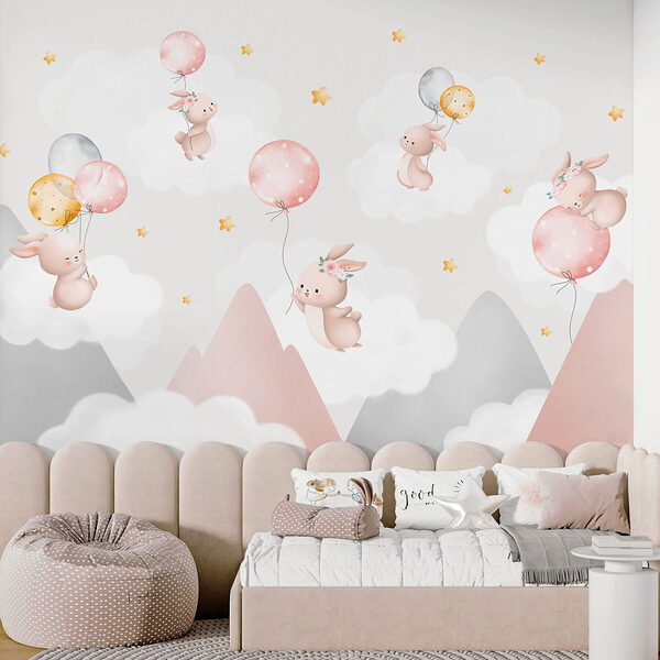 Wall murals Group of bunnies holding balloons in the sky Carta da parati Wall murals Group of bunnies holding balloons in the sky