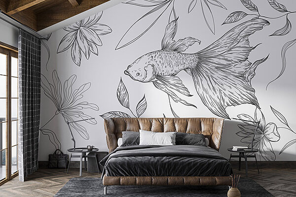 Disegno in bianco e nero di un pesce e di piante Carta da parati Disegno in bianco e nero di un pesce e di piante