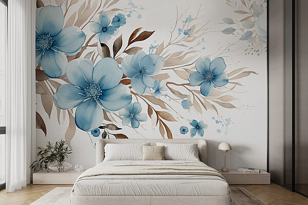 Pittura di fiori blu e foglie marroni Carta da parati Pittura di fiori blu e foglie marroni