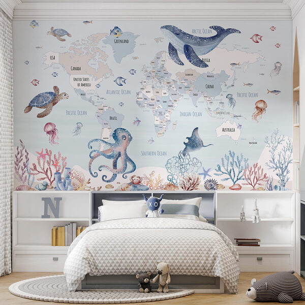 Carta da parati murale Mappa del mondo con animali marini (COD: w03526) Carta da parati murale Carta da parati murale Mappa del mondo con animali marini (COD: w03526)
