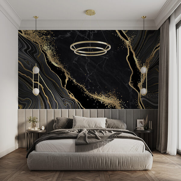 Carta da parati murale Marmo nero con venature bianche