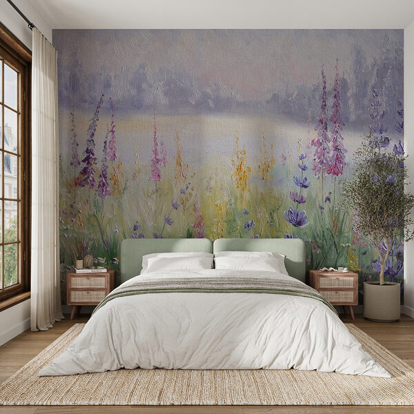 Carta da parati murale Fiori di lavanda in un campo colorato