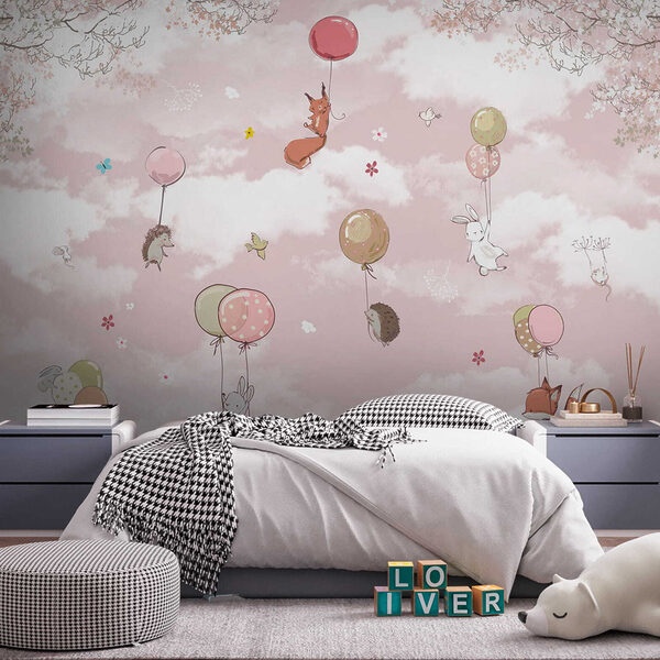 Carta da parati murale Animali che galleggiano con palloncini colorati