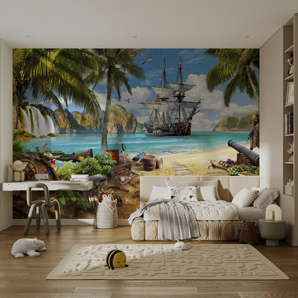Carta da parati murale Nave pirata ancorata in un paradiso tropicale
