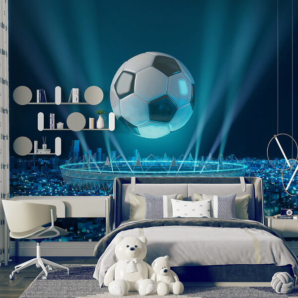 Carta da parati murale Pallone da calcio galleggiante su città illuminata