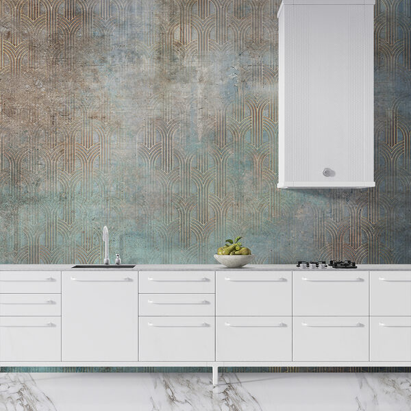 Carta da parati murale Motivo geometrico astratto di colore verde acqua e rame