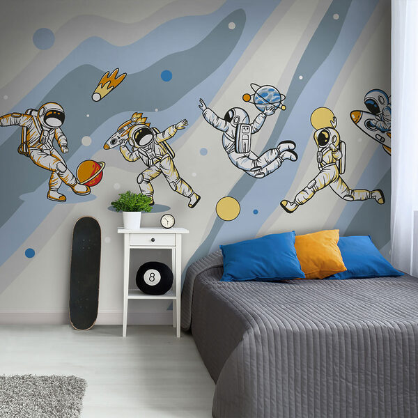 Vignetta di un astronauta con un razzo in testa Carta da parati murale Vignetta di un astronauta con un razzo in testa