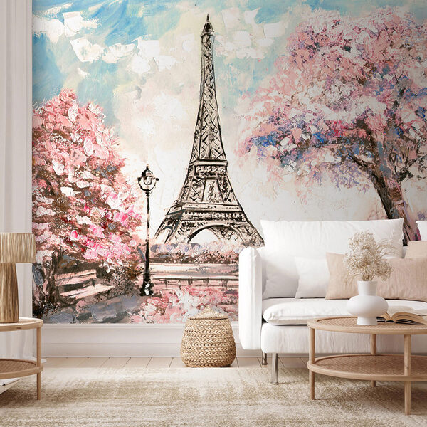 Il romanticismo di Parigi sotto i ciliegi in fiore Carta da parati murale Il romanticismo di Parigi sotto i ciliegi in fiore