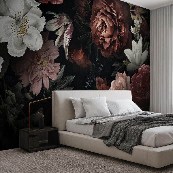 Carta da parati murale Eleganza floreale scura con bellezza fiorita
