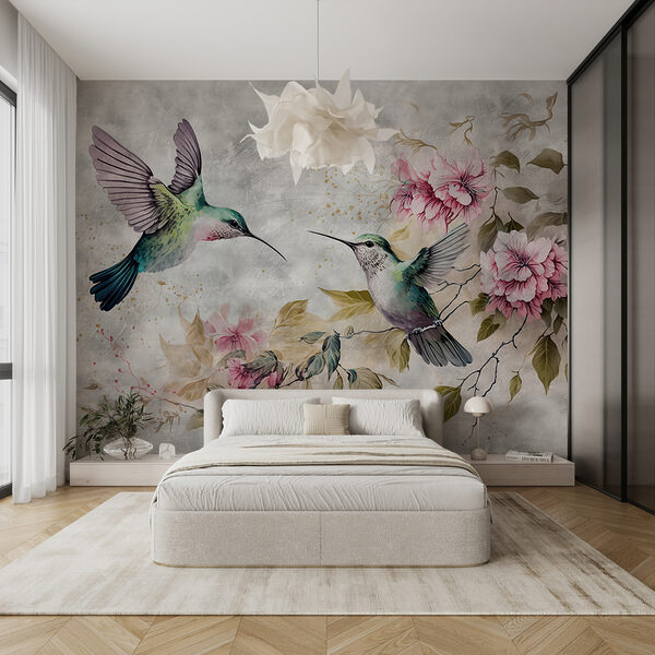 Carta da parati murale I colibrì danzano tra fiori delicati
