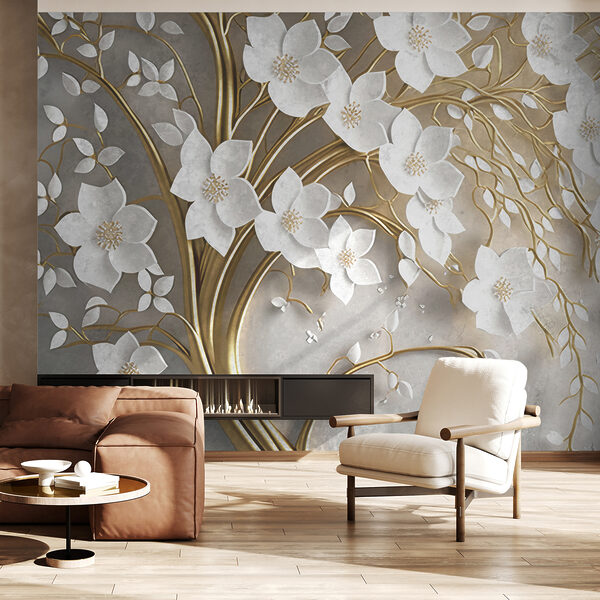 Carta da parati murale Rami eleganti con fiori bianchi