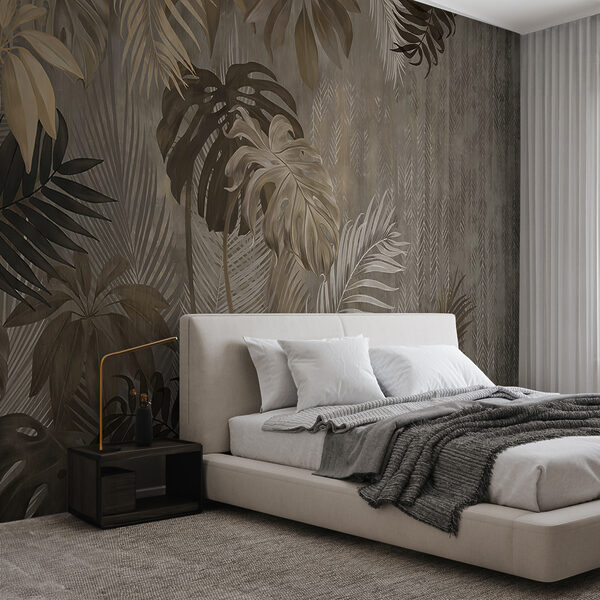 Eleganti foglie tropicali su sfondo strutturato Carta da parati murale Eleganti foglie tropicali su sfondo strutturato