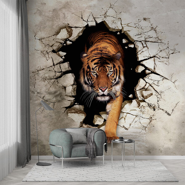 Carta da parati murale La tigre che emerge dalla parete crepata