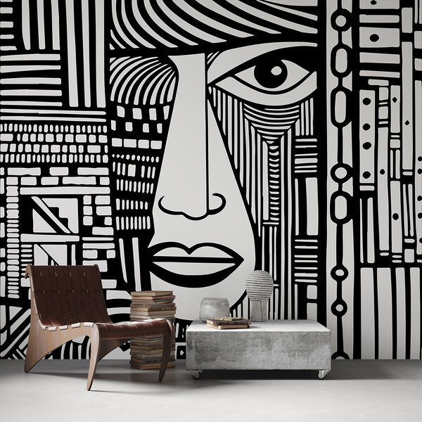 Disegno in bianco e nero di un volto Carta da parati murale Disegno in bianco e nero di un volto
