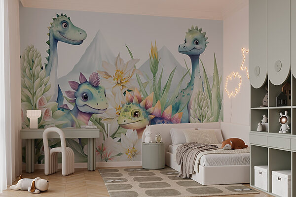 Carta da parati Gruppo di dinosauri circondati da fiori (COD: w03621) Carta da parati Carta da parati Gruppo di dinosauri circondati da fiori (COD: w03621)