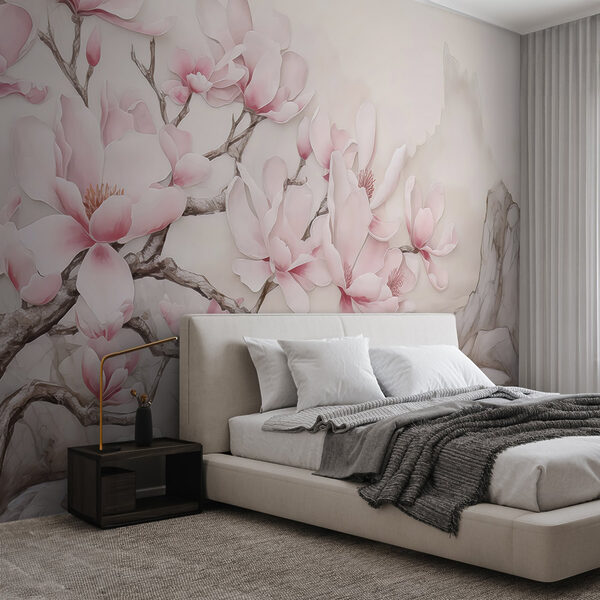 Pittura di un albero con fiori rosa Carta da parati Pittura di un albero con fiori rosa