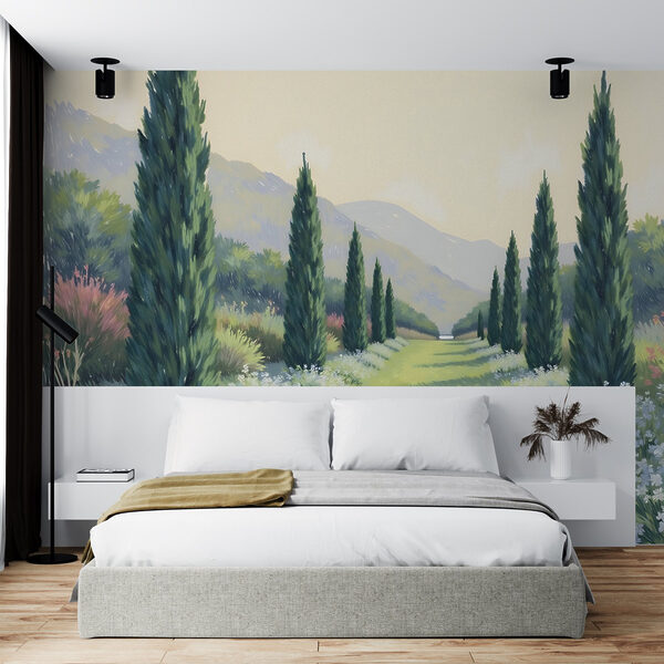 Pittura di un paesaggio con alberi e fiori Carta da parati Pittura di un paesaggio con alberi e fiori