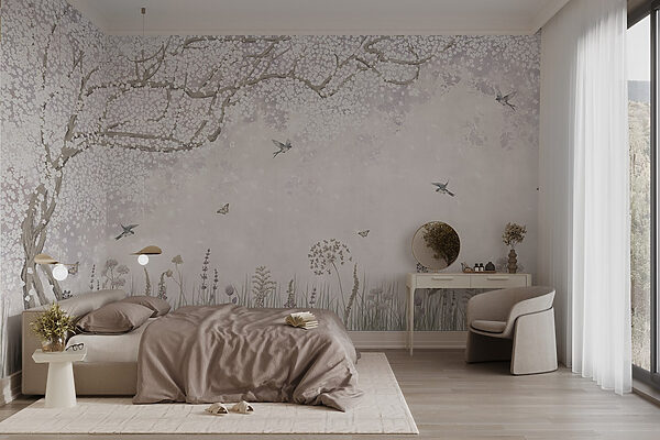 Pittura di un giardino con fiori e farfalle Carta da parati Pittura di un giardino con fiori e farfalle