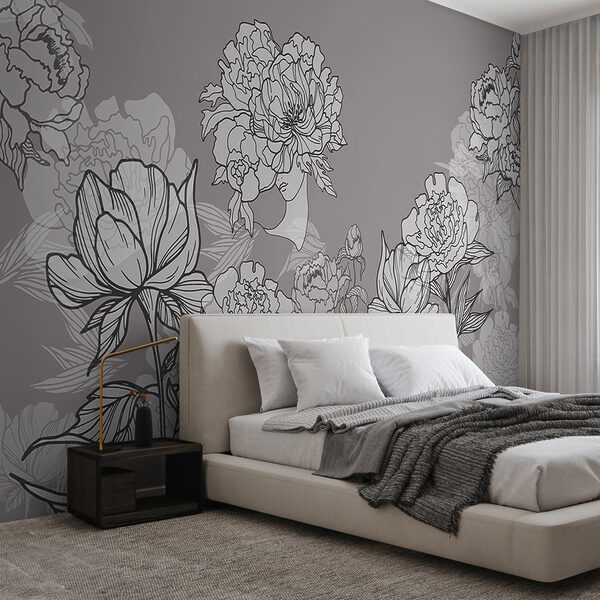 Linea di fiori su sfondo grigio Carta da parati Linea di fiori su sfondo grigio