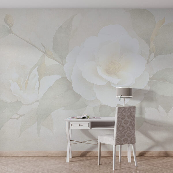 Fiore bianco con foglie verdi Carta da parati Fiore bianco con foglie verdi