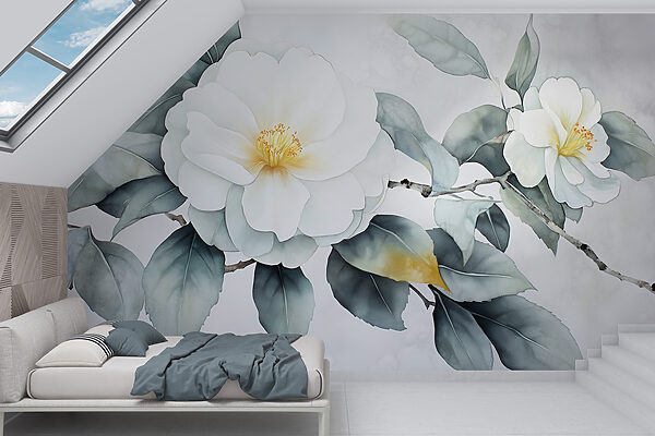 Fiore bianco con foglie verdi Carta da parati Fiore bianco con foglie verdi