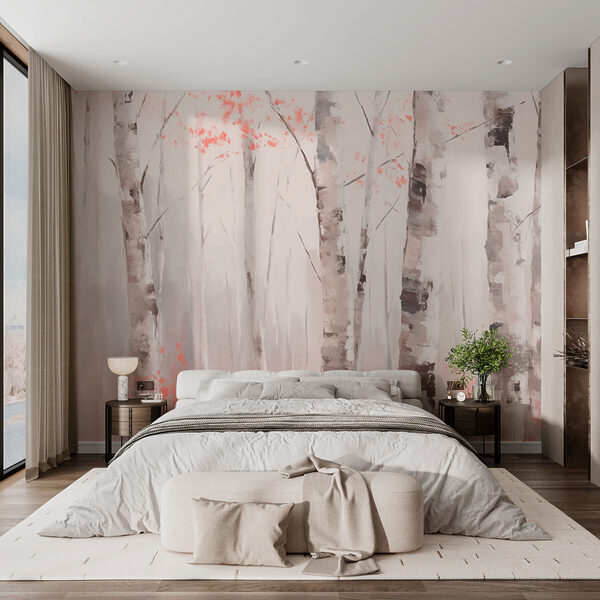 Pittura di alberi con foglie rosa Carta da parati Pittura di alberi con foglie rosa