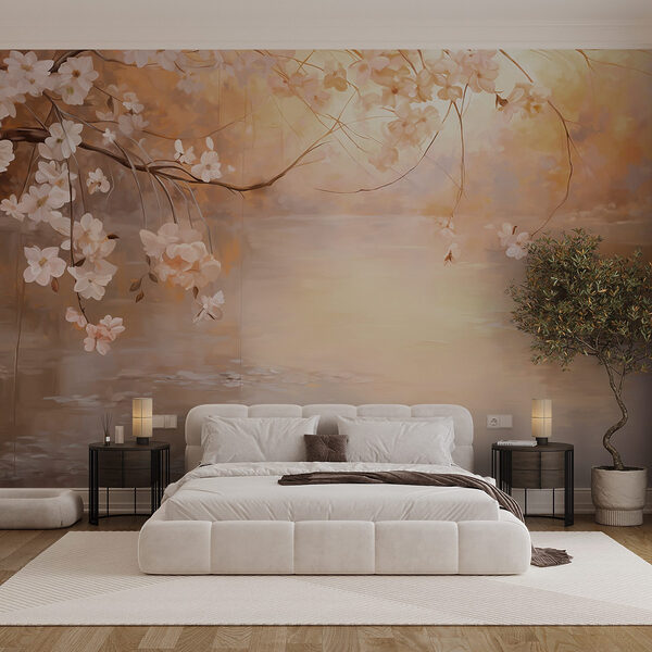 Carta da parati murale Pittura di un ramo d'albero con fiori