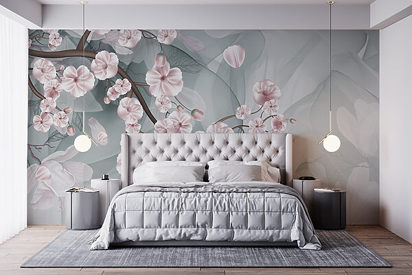 Ramo con fiori rosa e fiori bianchi Carta da parati Ramo con fiori rosa e fiori bianchi