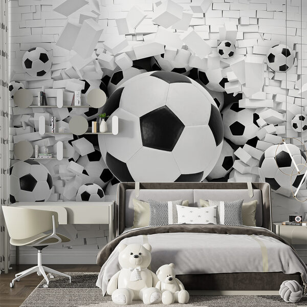 I palloni da calcio sfondano il muro Carta da parati murale I palloni da calcio sfondano il muro