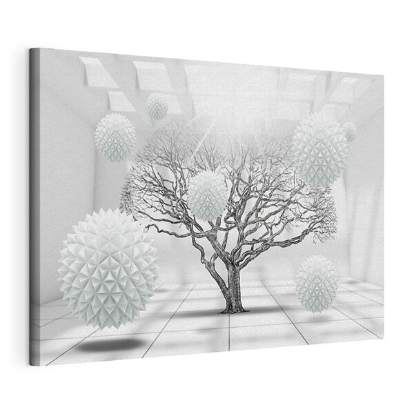 Albero con palline bianche che fluttuano nell'aria Stampa su tela Albero con palline bianche che fluttuano nell'aria