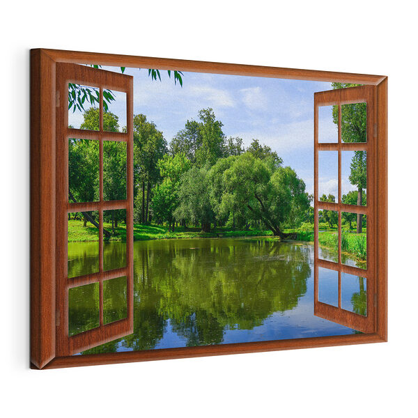 Vista di uno stagno attraverso una finestra Stampa su tela Vista di uno stagno attraverso una finestra